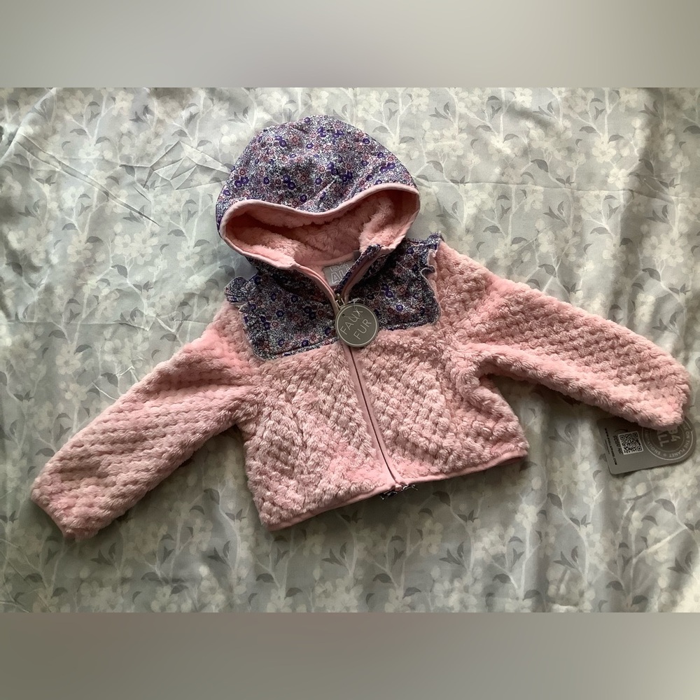 Girls' Pink Hooded Puffer Jacket with Floral Trim